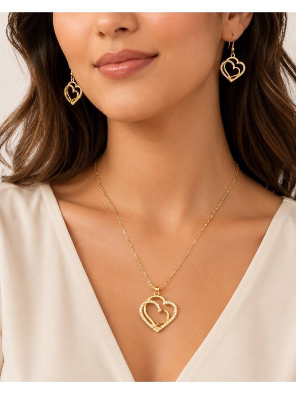Gold-tone heart jewelry set pendant necklace and dangling